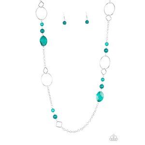 Paparazzi Very Visionary Quetzal Green Shimmery Silver Long Necklace Earrings